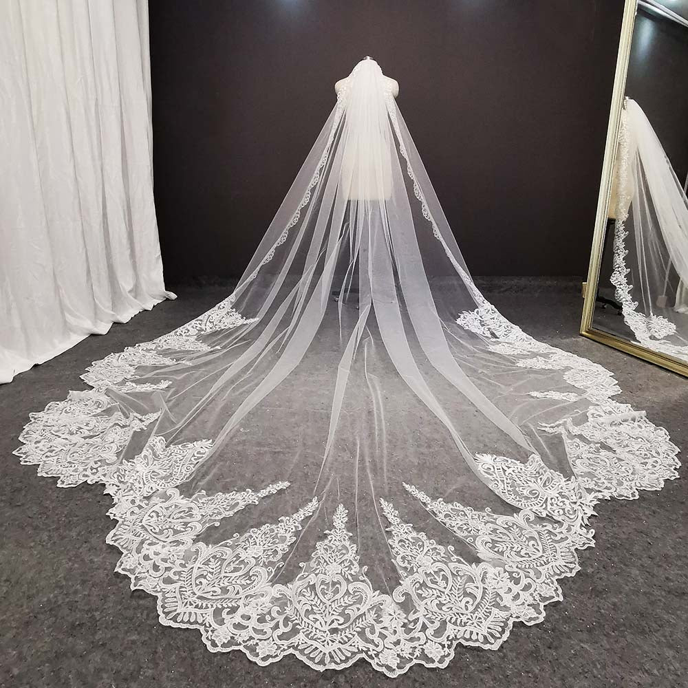 White Ivory Wedding Veil 5M 2T Cathedral Length Long Train Bridal Lace  Appliques