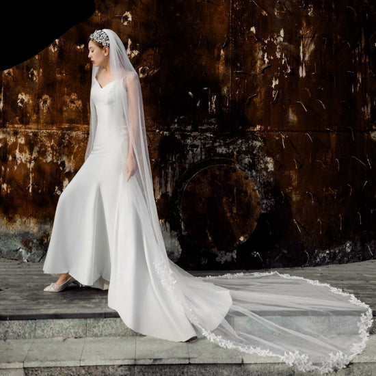 Chapel Length Wedding Veil with Lace Edge White/Ivory Long  Bridal Veil