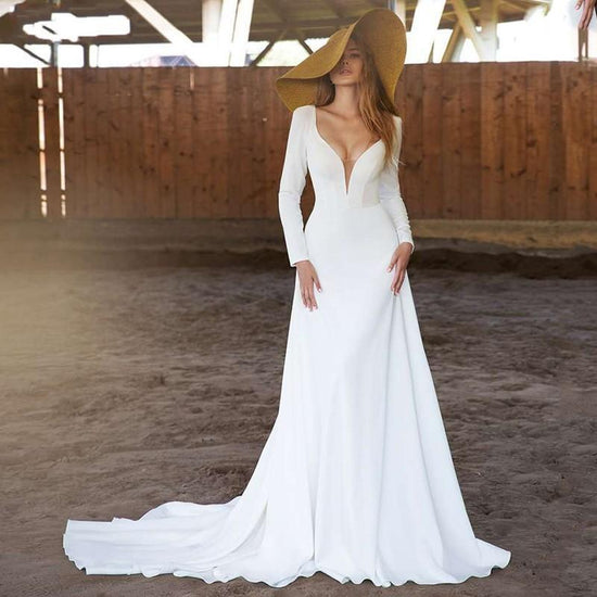 Long Sleeve Satin Deep V Neck Bridal Gown Backless Sweep Train Wedding Dress