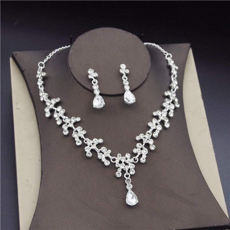 Crystal Water Drop Rhinestone Necklace Earrings Tiara Wedding  Jewelry Set