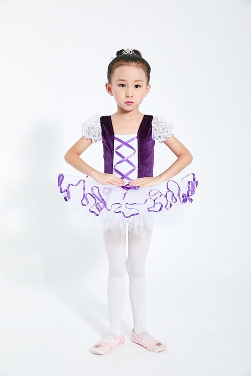 Girls  Ballet Tutu Dress Velvet Body Ribbon Mesh Skirt Dance Gymnastics Leotard Costume