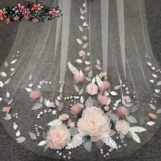 TulleLux Bridal Crowns & Accessories Appliques Wedding Veil 3D Flowers Pearls Cathedral Chapel Length Elegant Bridal Veil