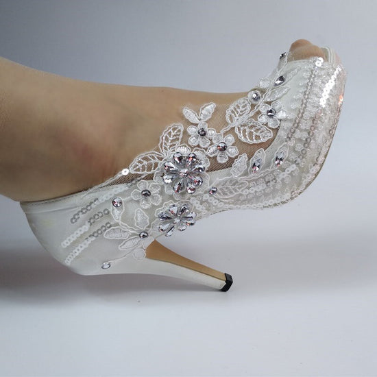 Peep Toe Crystal White Flower Wedding Bridals Shoe Party High Heels