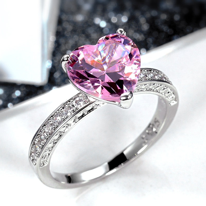 Luxury Solitaire Women Heart Ring AAA Pink Cubic Zirconia Girlfriend G ...
