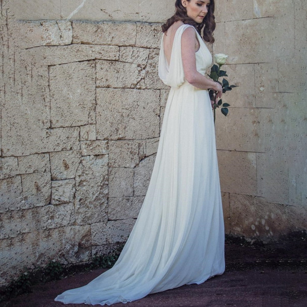 Vintage Backless V Neck Sleeveless Greek Chiffon Ruched Sweep Train Wedding Dress