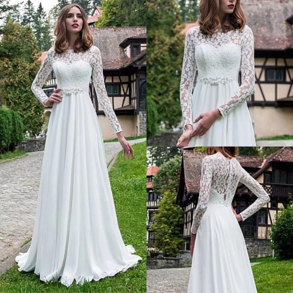 Simple Long Sleeve Lace Chiffon A Line Bridal Wedding Dresses