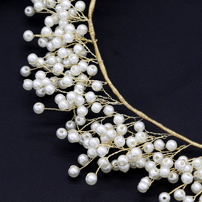 Load image into Gallery viewer, Crystal Pearl Bead Bridal Headpiece Satin Ribbon Tiaras Crown
