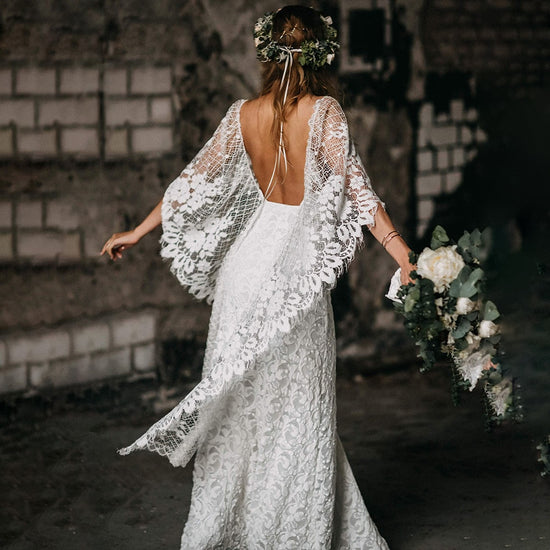 Boho Batwing Sleeve Wedding Dress Backless Lace Destination Sheath Bridal Gown