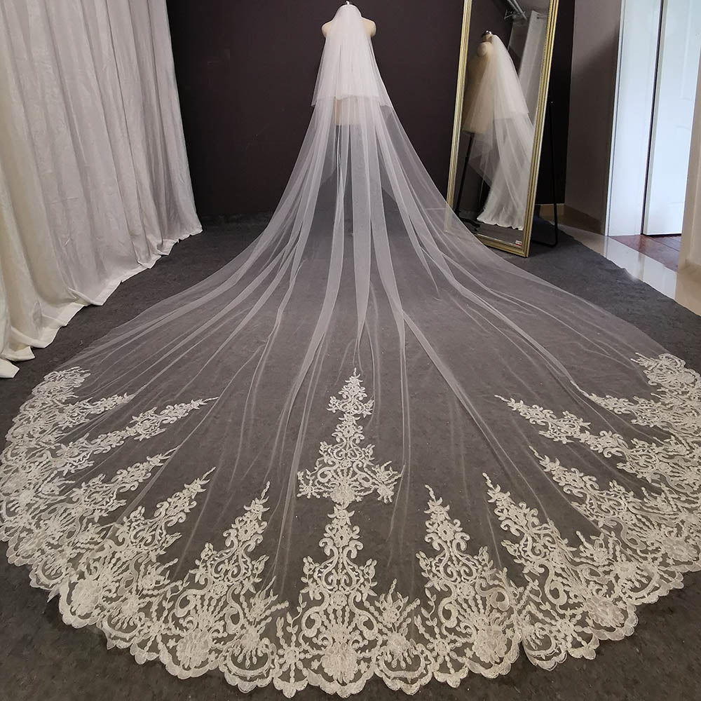 Satsweety Dresses Store Tulle Bridal Chapel Length Veils White Ivory 3D Flowers Wedding Veil White with Blusher / 250cm