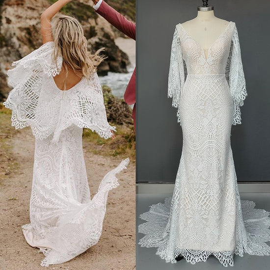 Cascading Flutter Sleeve Lace Wedding Dress V Neckline Rustic Boho Mermaid Bridal Gown