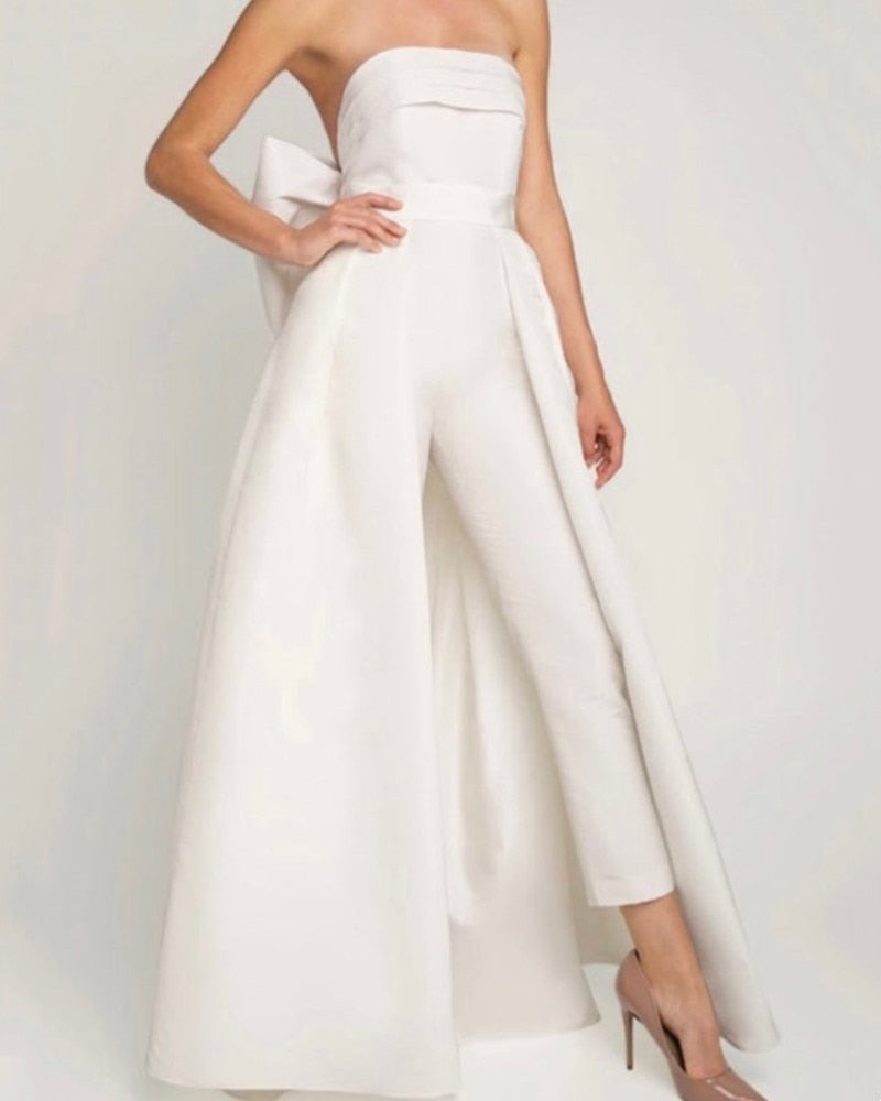 Satin Jumpsuit Wedding Dress Bow Detachable Train Backless Sleeveless ...