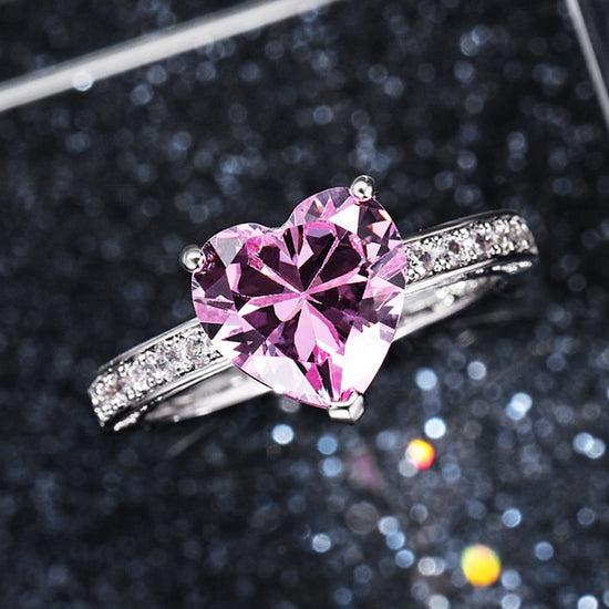 Luxury Solitaire Women Heart  Ring AAA Pink Cubic Zirconia Girlfriend Gift