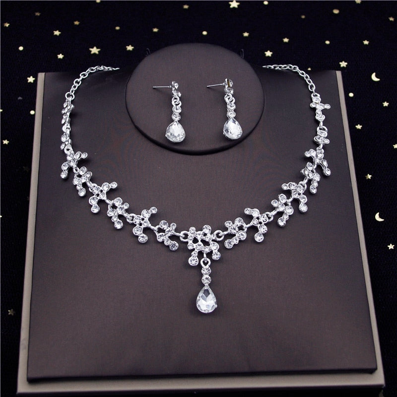 16 Clear Crystal Tiara Crown Necklace Earring Wedding Day Jewelry Sets