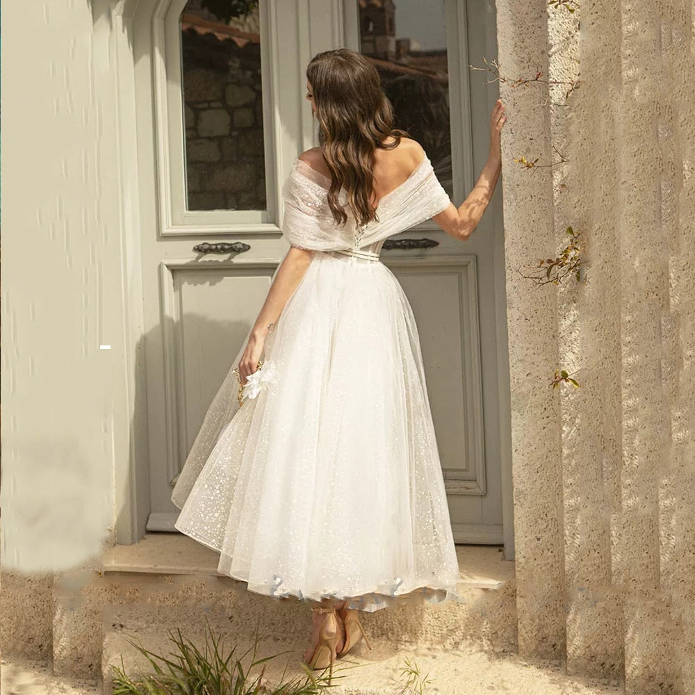 Bling Glitter Tulle Boho Wedding Dress Sweetheart Tea Length Dress