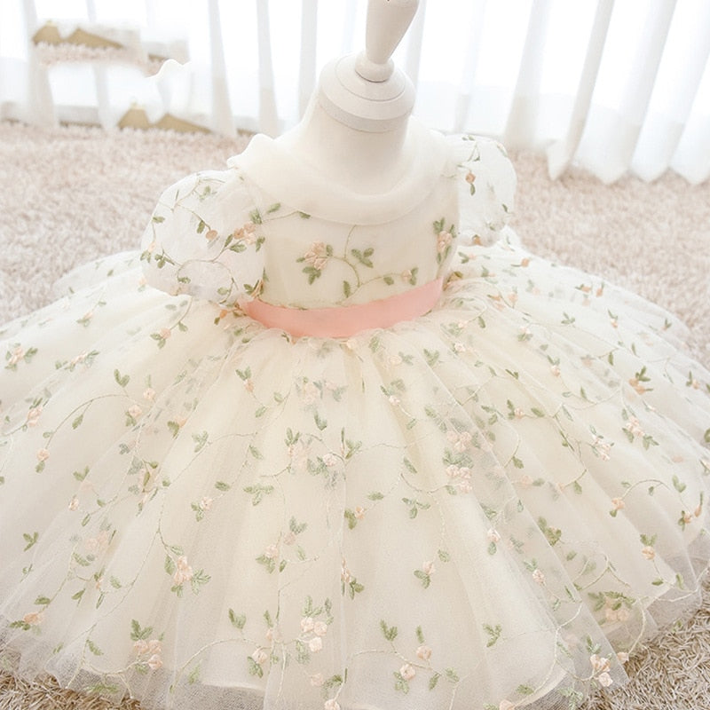 Infant Baby Girls Dress Flower Embroidery Princess Dress For Baby 1st Year Birthday