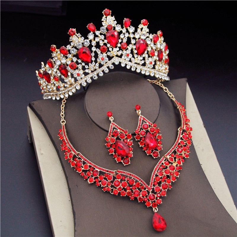 Crystal Water Drop Rhinestone Necklace Earrings Tiara Wedding  Jewelry Set