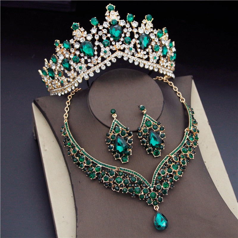 Crystal Water Drop Rhinestone Necklace Earrings Tiara Wedding  Jewelry Set