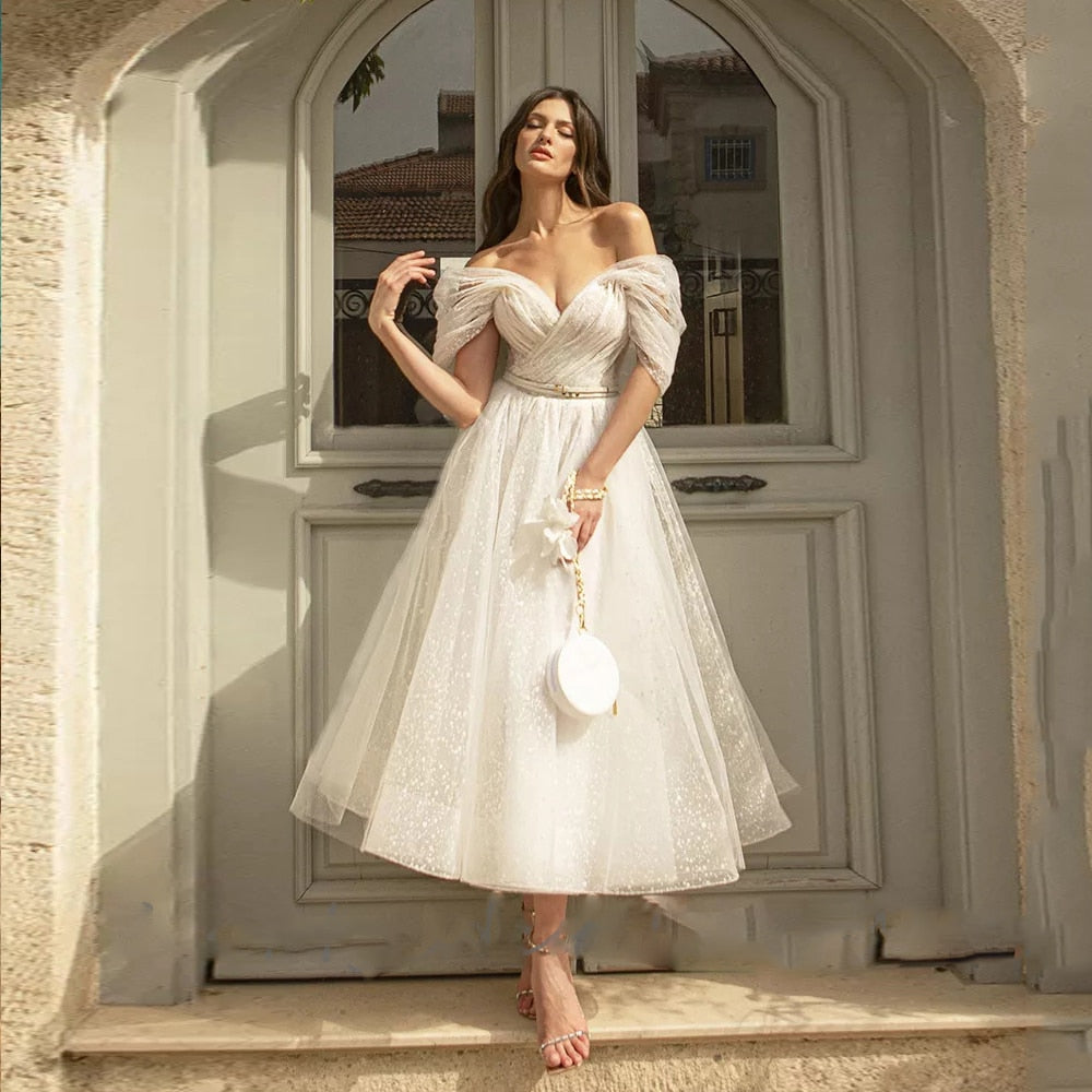 Bling Glitter Tulle Boho Wedding Dress Sweetheart Tea Length Dress Ivory / 16W