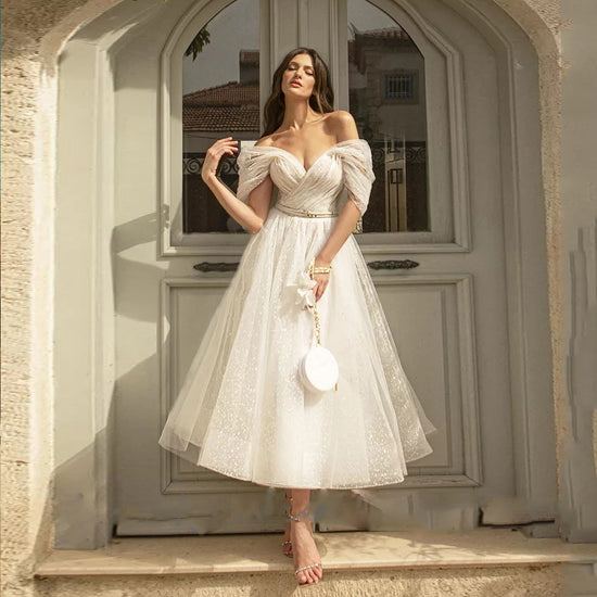 Bling Glitter Tulle Boho Wedding Dress Sweetheart Tea Length Dress