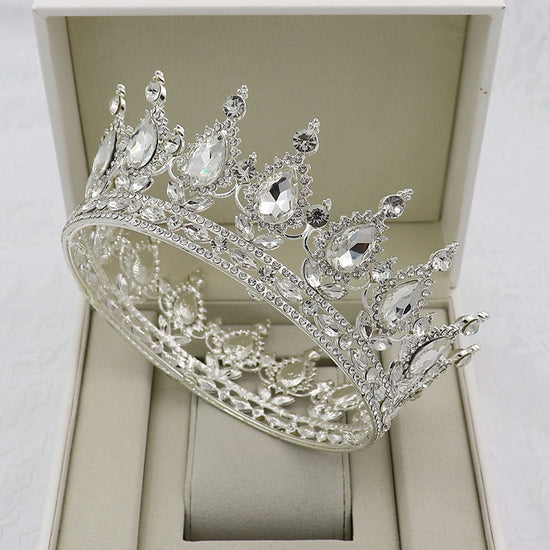 Vintage Crystal Royal Queen King Full Round Tiara Crown Hair Accessories H048 Silver White