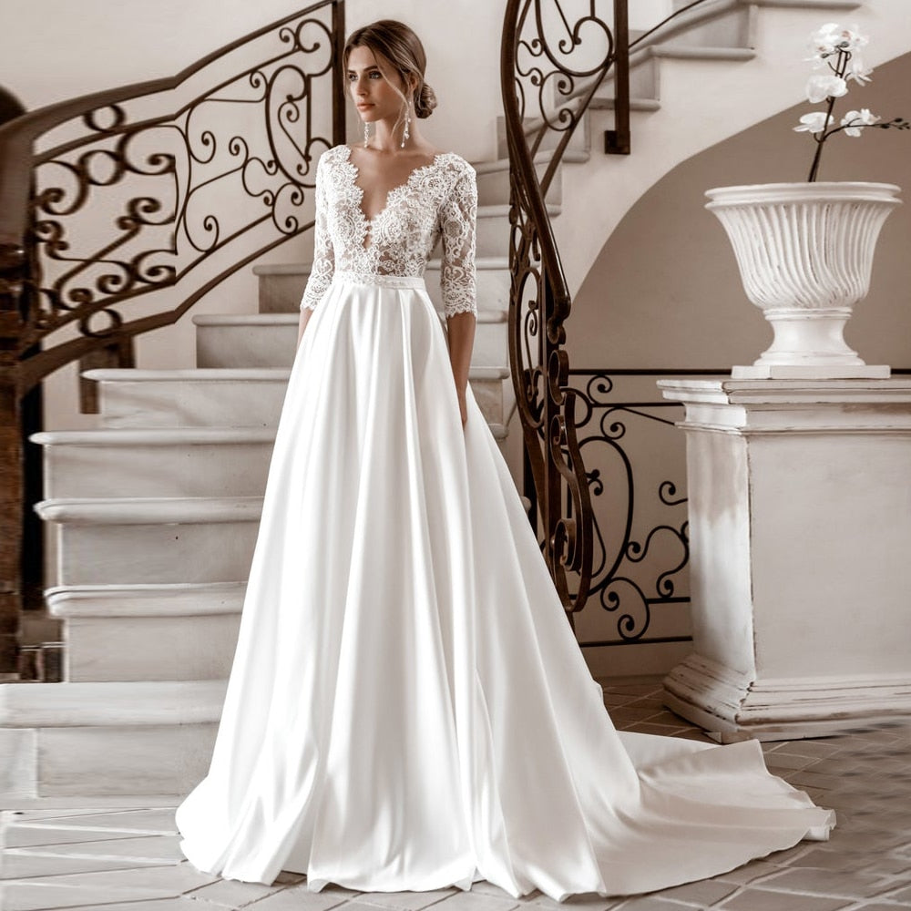 
                      
                        Vintage Satin Lace Wedding Dress A-Line Bridal Gown
                      
                    