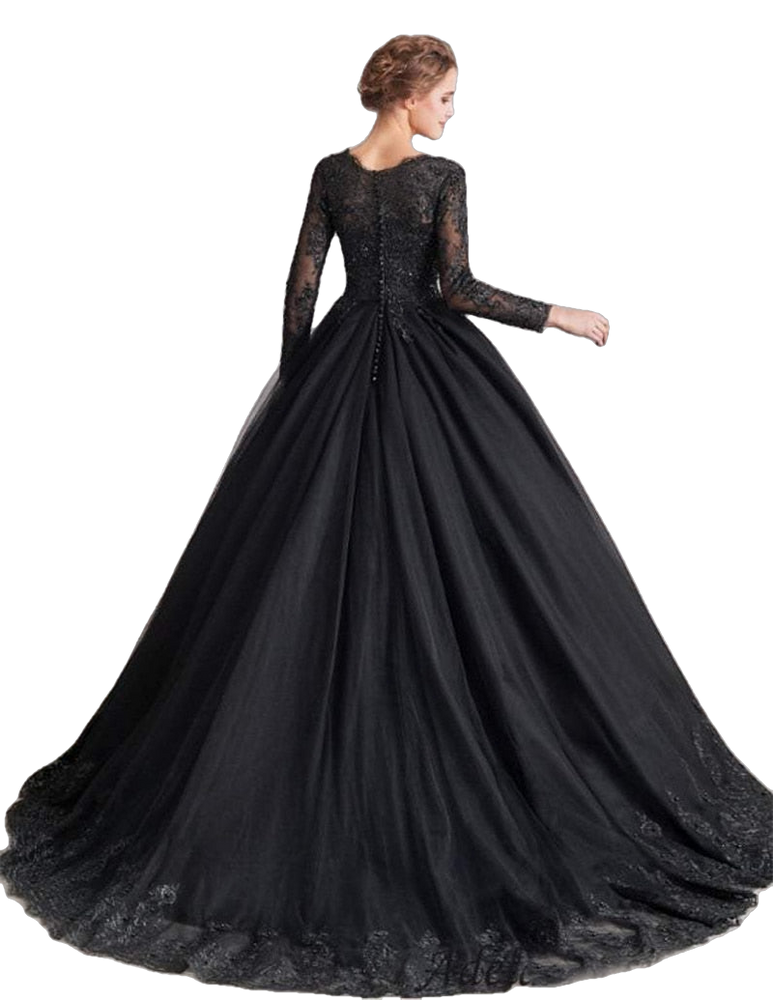 Lace Black Wedding Dress Beaded Sequins Long Sleeve Bridal Ball Gown