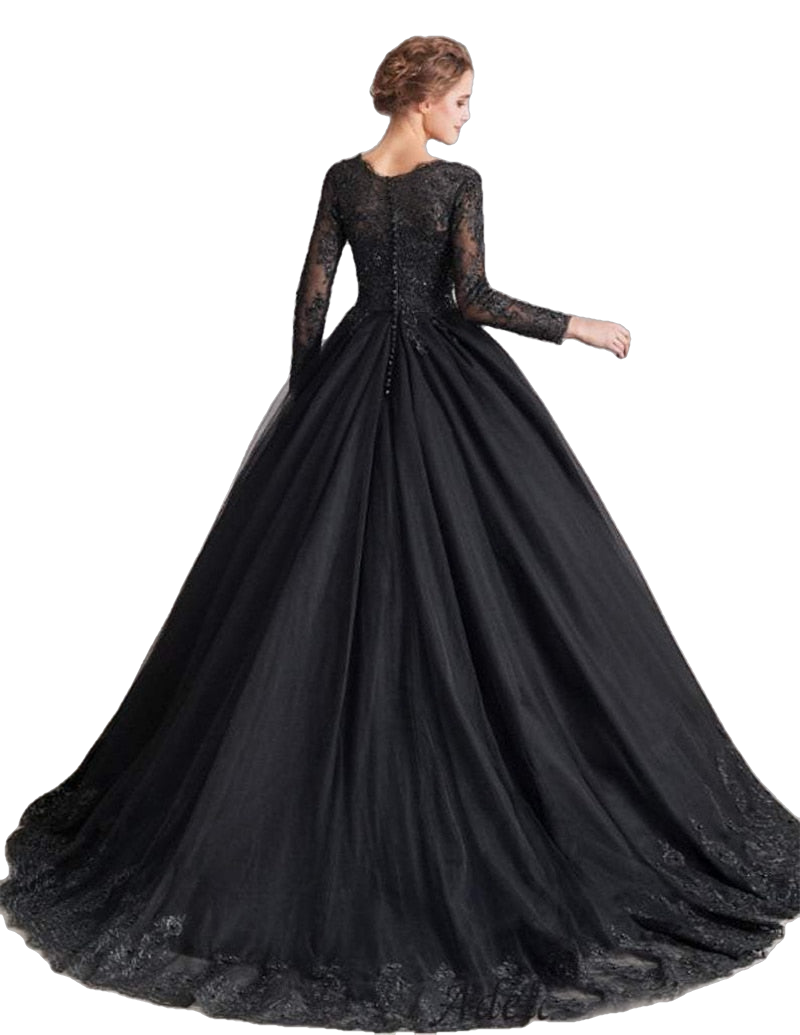 Lace Black Wedding Dress Beaded Sequins Long Sleeve Bridal Ball Gown ...