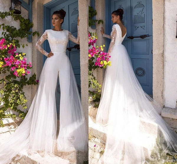 Long Sleeve Wedding Jumpsuit Bohemian Bridal Gown with Detachable Trai ...