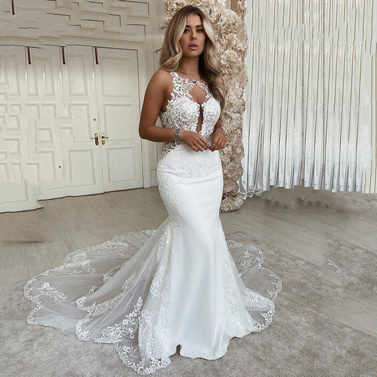 Load image into Gallery viewer, Open Back Scoop Neck Plus Size Lace Appliques Bridal Wedding Gown

