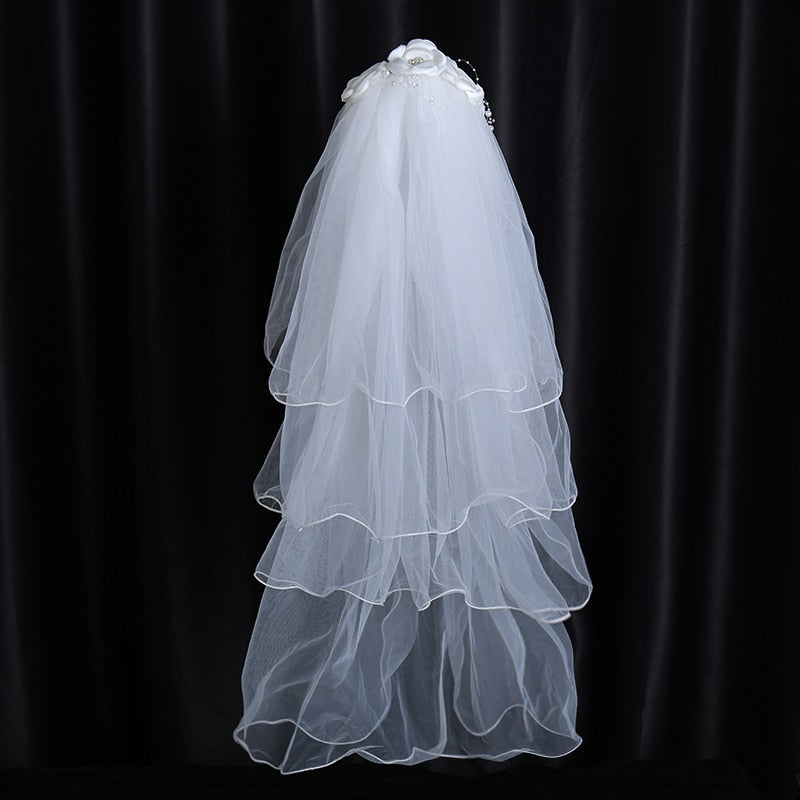 White Flower Pearl Bridal Veil 4 Ribbon Edge Wedding Veil With Comb