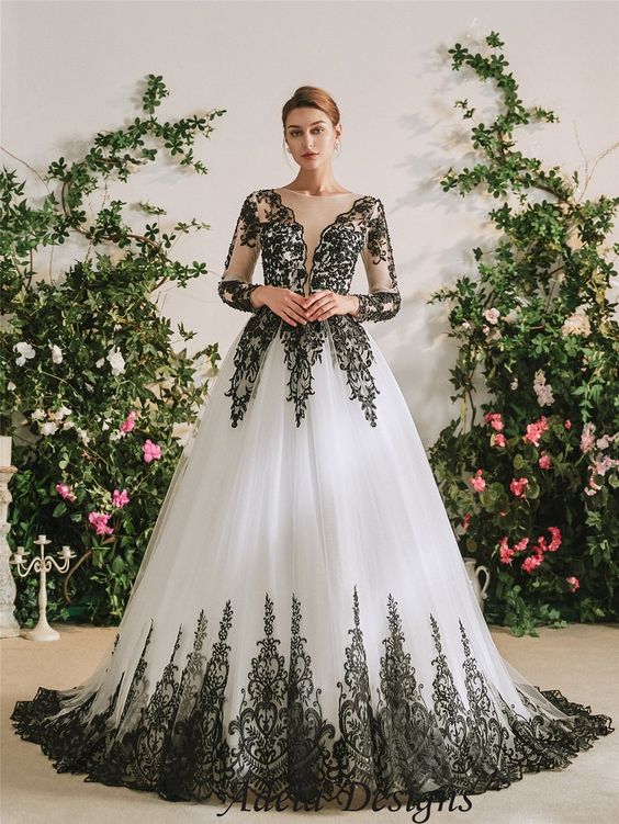 Long Sleeve Black Lace Wedding Dress with Ivory Underlay