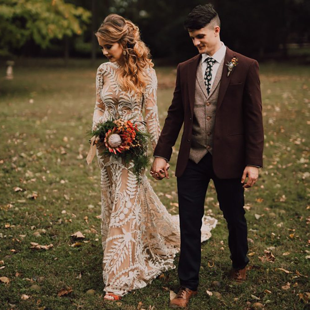 
                      
                        Country Boho Beach Destination Wedding Dress Two Pieces Lace Illusion Mermaid Bridal Gown
                      
                    