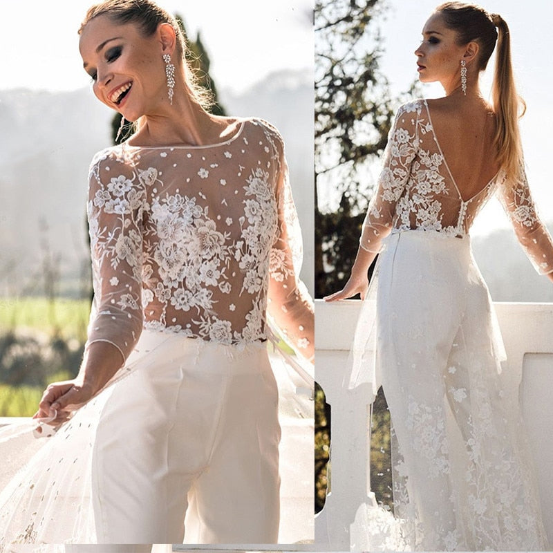 Wedding Dress  One Piece Jumpsuit Backless Lace Bridal Gown