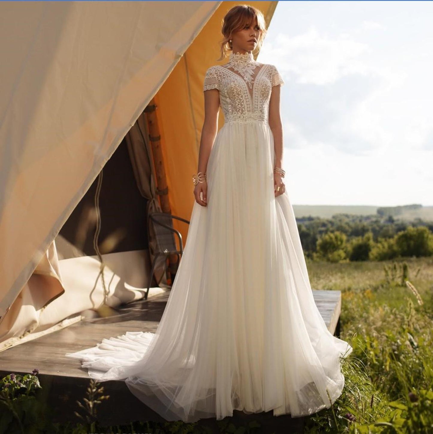 Tulle Lace Cap Sleeve Mermaid Wedding Bridal Dress Detachable Train –  TulleLux Bridal Crowns & Accessories