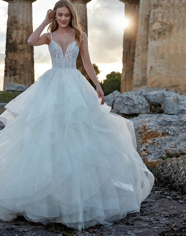 Ruffle Lace Wedding Dress V Neck Spaghetti Straps Bridal Ball Gown