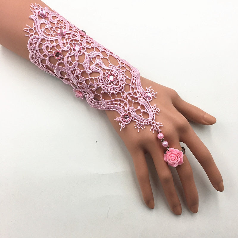 Load image into Gallery viewer, Lace Pearl Rhinestones Bridal Wedding Wristband Glove
