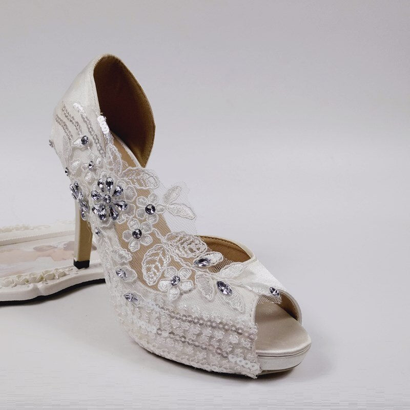 
                      
                        Peep Toe Crystal White Flower Wedding Bridals Shoe Party High Heels
                      
                    