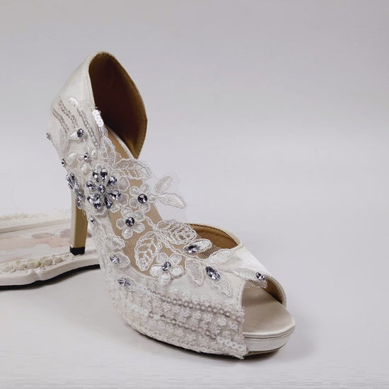 Peep Toe Crystal White Flower Wedding Bridals Shoe Party High Heels