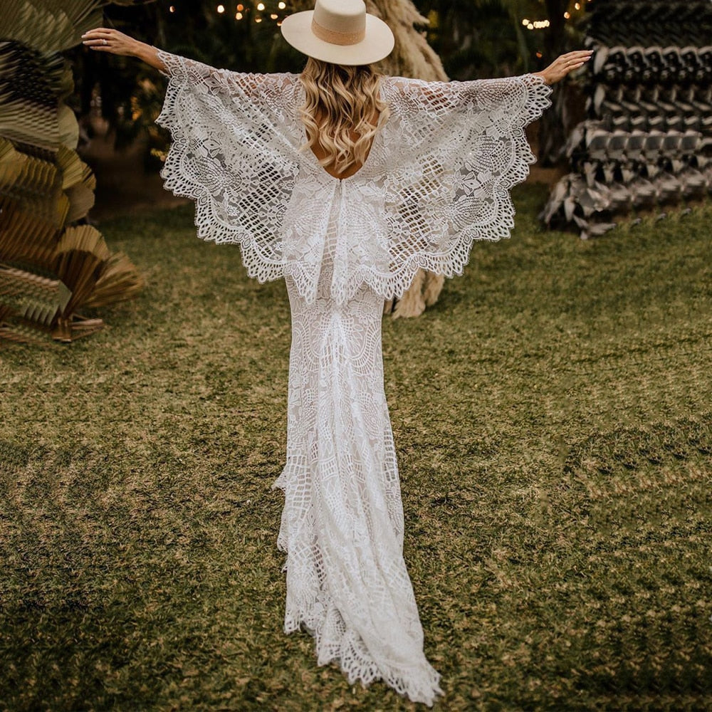 Cascading Flutter Sleeve Lace Wedding Dress V Neckline Rustic Boho Mermaid Bridal Gown