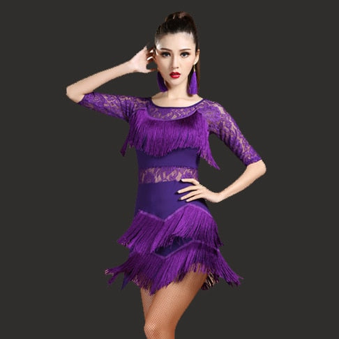 Ladies Competition Sequined Fringe Dance Costume Salsa Ballroom Dress ...