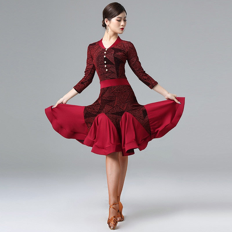 Latin Dance Dress Patchwork Shinny Cloth Long Sleeves V-neck Salsa Flare Skirt