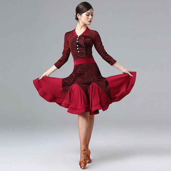 Load image into Gallery viewer, Latin Dance Dress Patchwork Shinny Cloth Long Sleeves V-neck Salsa Flare Skirt
