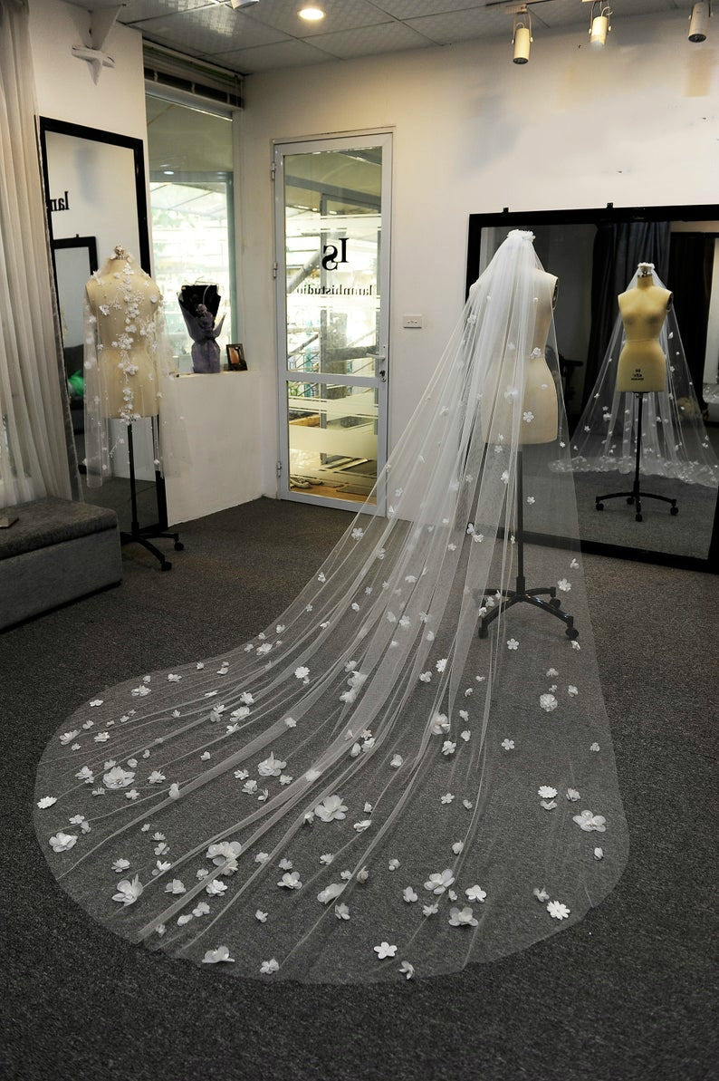 Load image into Gallery viewer, Tulle Bridal Chapel Length Veils White Ivory 3D Flowers Wedding Veil

