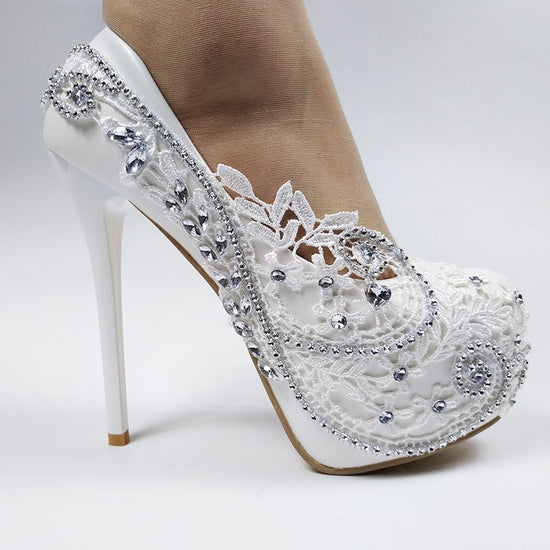 White Lace Flower Pearl Tassel High Heel Open Toe Wedding Shoes – TulleLux  Bridal Crowns & Accessories