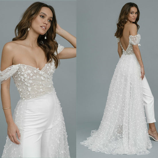 Load image into Gallery viewer, Wedding Jumpsuit with Long 3D Lace Train  Organza Bridal One Piece
