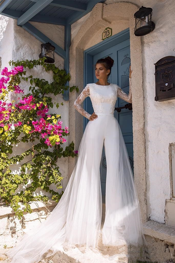 Long Sleeve Wedding Jumpsuit Bohemian Bridal Gown with Detachable Train