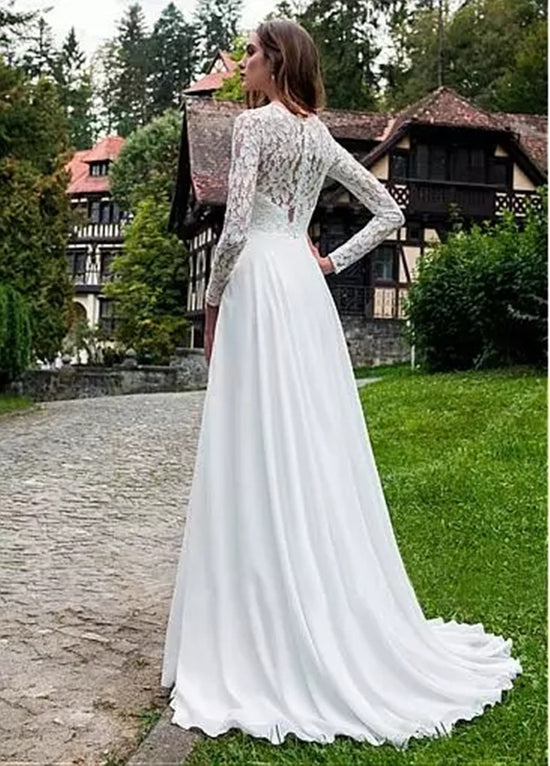 Load image into Gallery viewer, Simple Long Sleeve Lace Chiffon A Line Bridal Wedding Dresses
