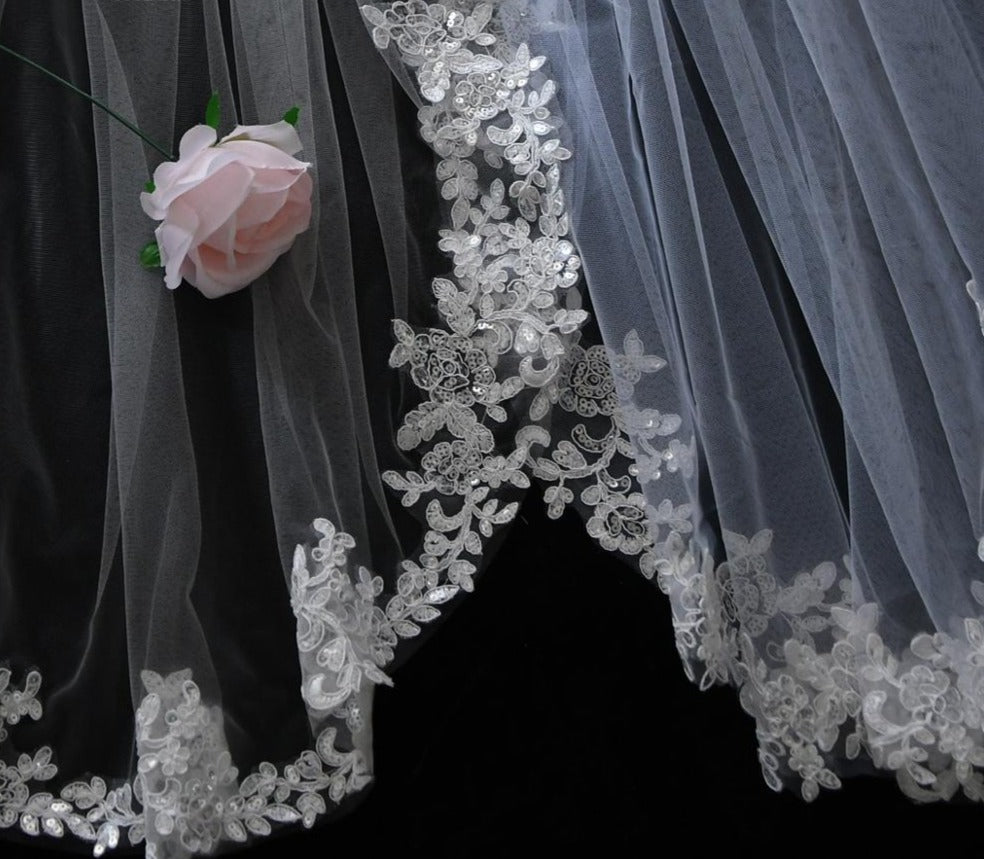 YouLaPan Chapel Length Wedding Veil with Lace Edge White/Ivory Long Bridal Veil White / 100cm