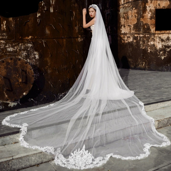 Long Single Tier Cathedral Wedding Veil with Floral Lace Appliqued Edge