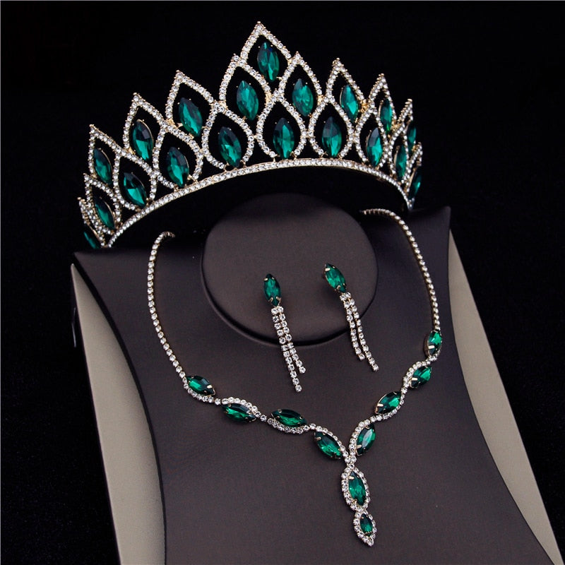 Bridal Tiara Set | Green | White Green Rhinestones | Bridal Jewelry | Earring Necklace | Wedding | Royal | Engagement | sold Crown | Trend 2022